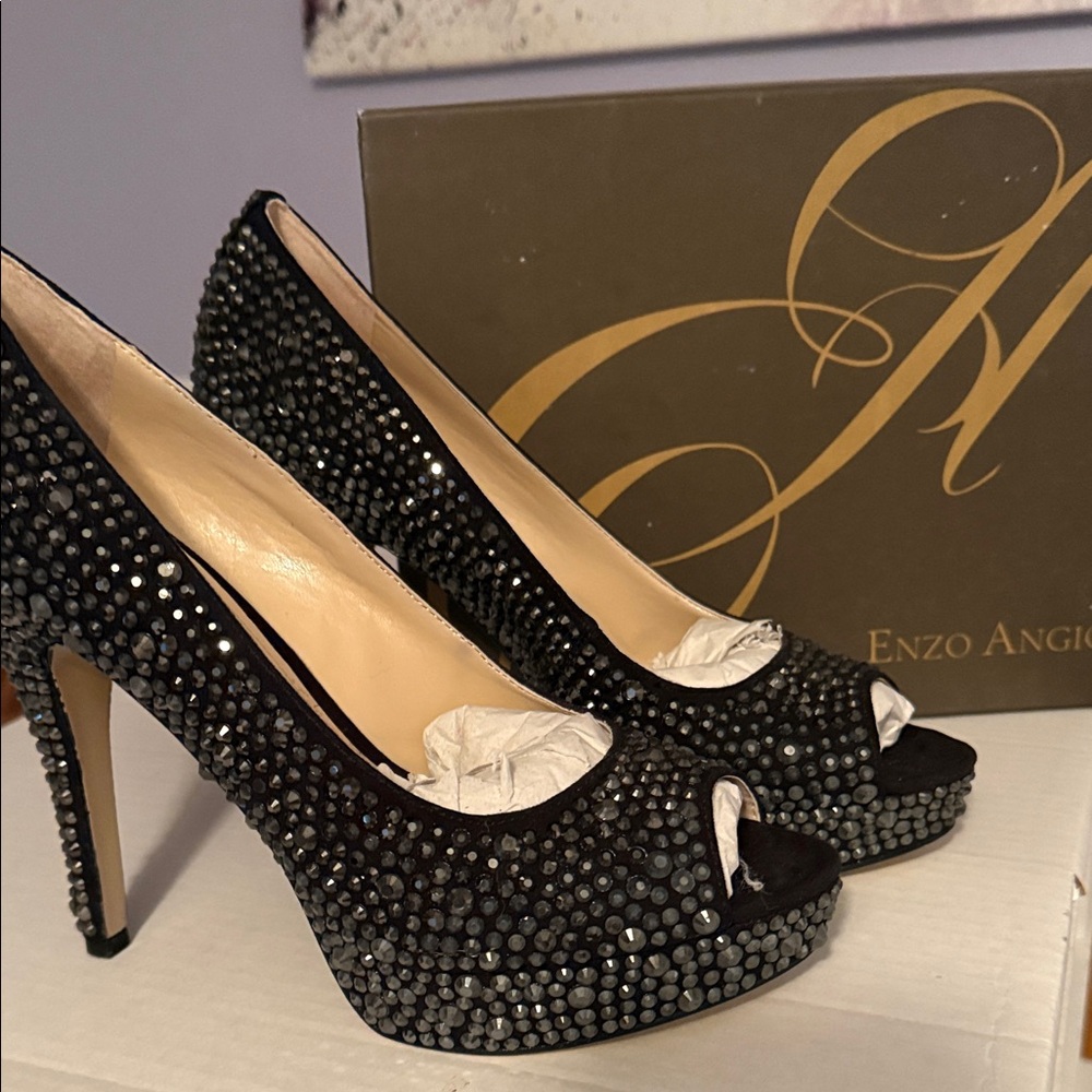 Enzo Angiolini Glittering Black Peep-Toe Heels